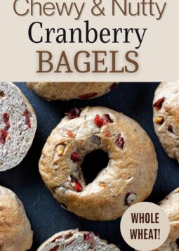 Group of homemade bagels with cranberry and walnut.