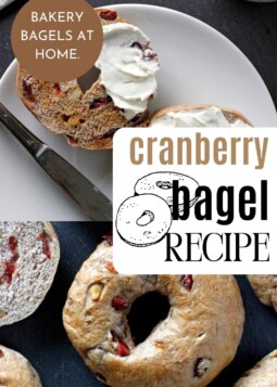 Homemade cranberry bagels baked until golden brown with tart cranberries and crunchy toasted walnut pieces.