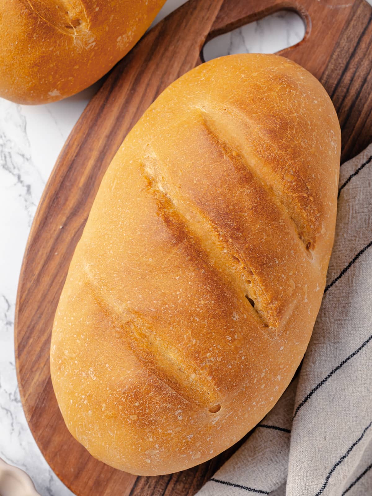 Freshly baked loaf of French bread uncut, showing perfect surface tension and smooth scoring.