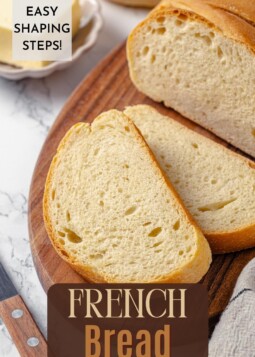 French bread sliced into thick pieces, ready for sandwiches, toast, or dipping into soup.
