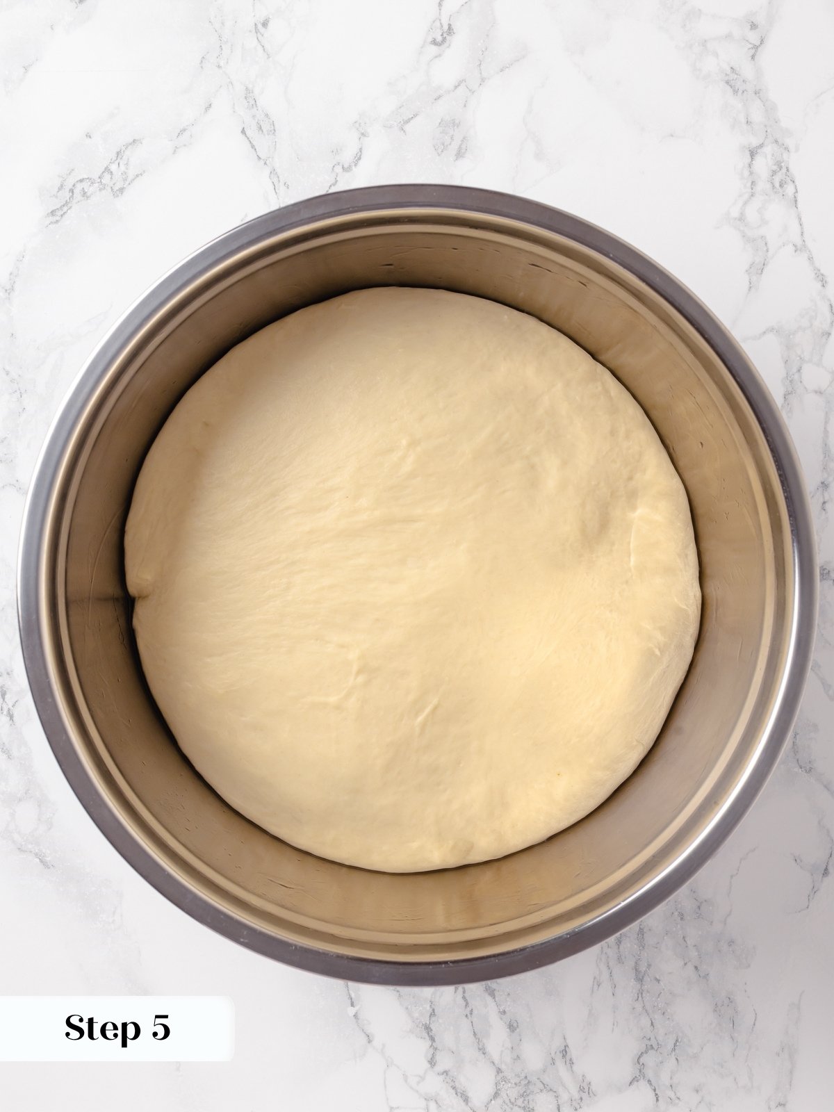 Fully proofed dough soft and smooth in a bowl, just before preshaping and resting.