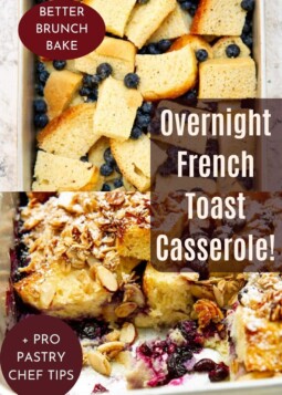 Soft baked French toast casserole with blueberries and crumb topping, cut and ready to serve.