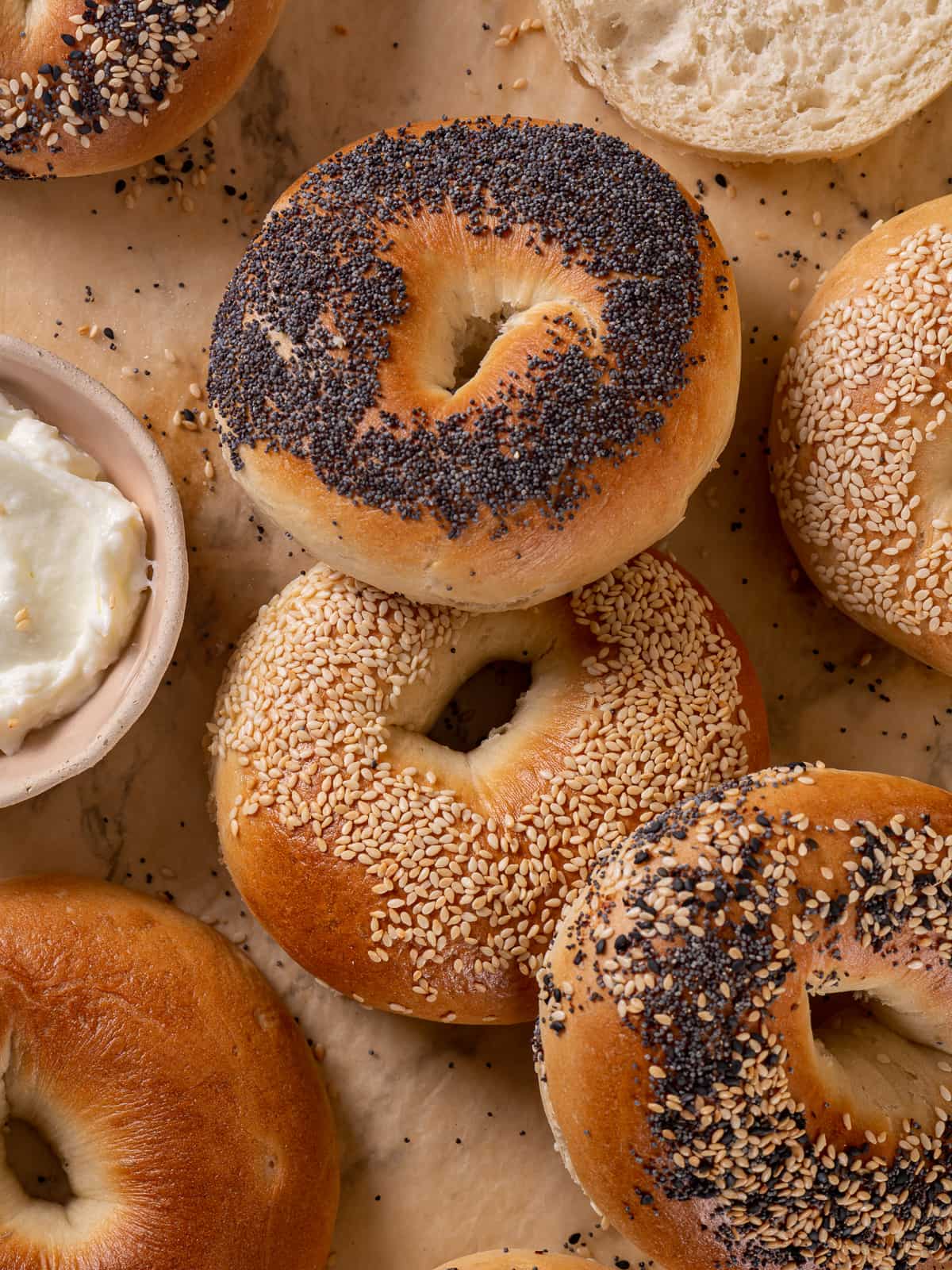 A full batch of sourdough bagels on parchment, fresh from the oven.