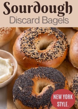 Golden-brown sourdough discard bagels lined up on a baking tray with everything seasoning on top.