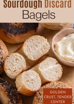 Homemade bagels made with sourdough discard, topped with sesame and poppy seeds for crunch.