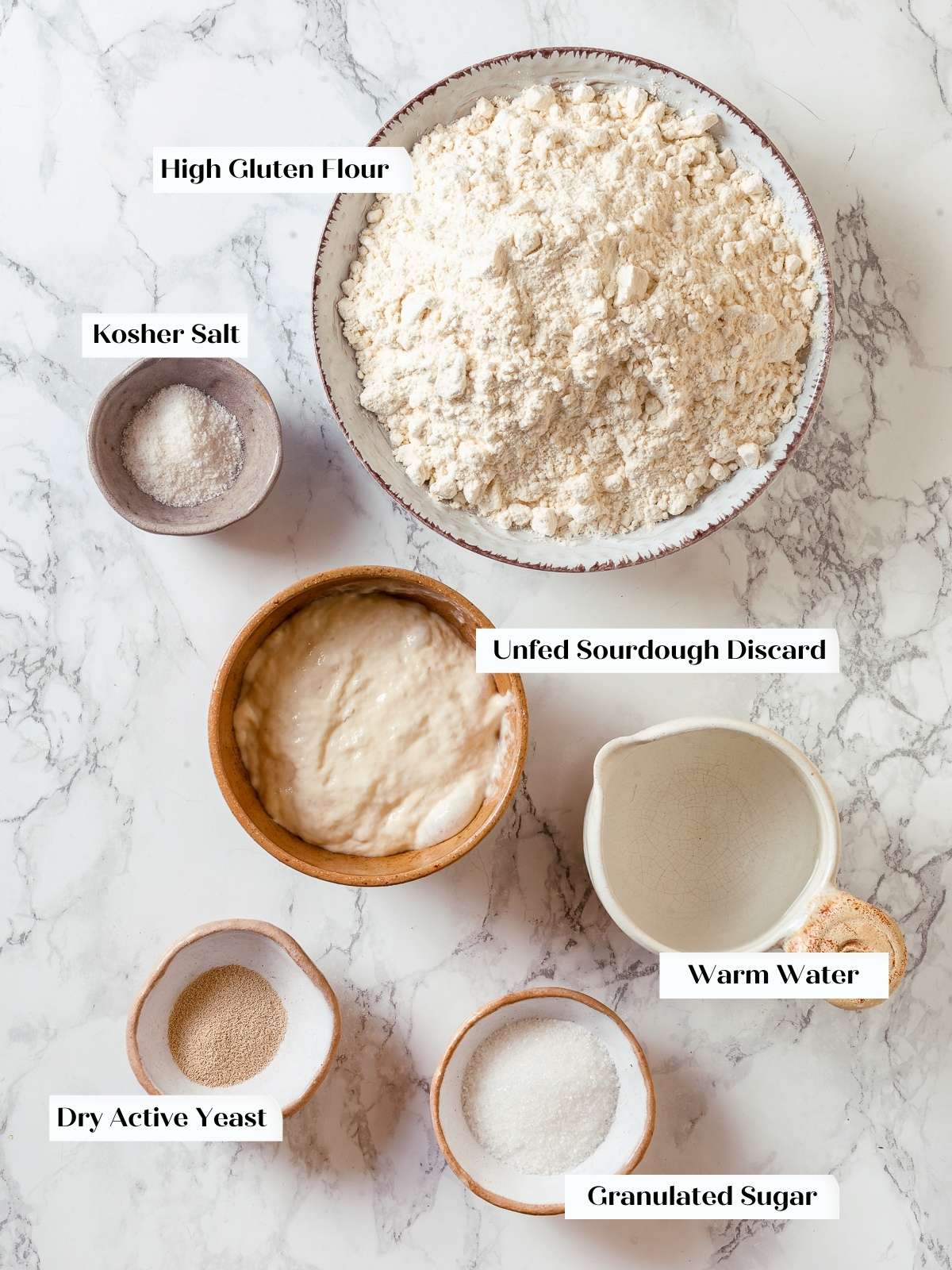 All ingredients measured and ready to mix for a batch of homemade sourdough discard bagels.