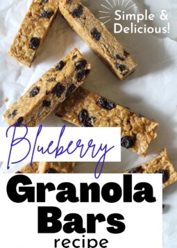 Blueberry granola bars on parchment paper with a callout noting the recipe is simple and delicious.