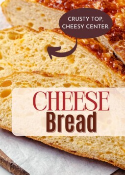 slices of baked cheese bread with a crusty surface and visible melted cheddar throughout.