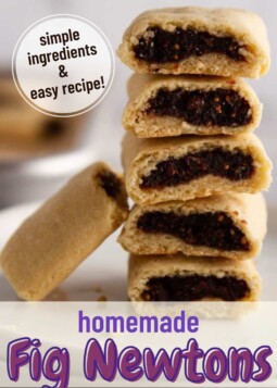 Stack of fig newton cookies with smooth fig filling visible in each one.