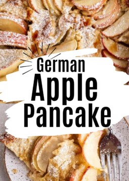 A golden, puffy German apple pancake with thinly sliced apples and topped with powdered sugar, shown in a skillet.