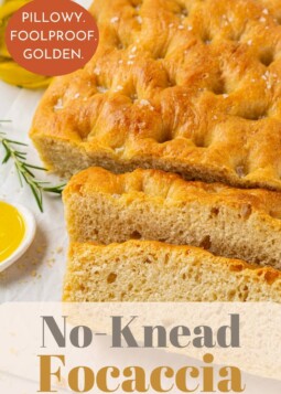 Focaccia slices showing soft interior crumb and crispy edges.