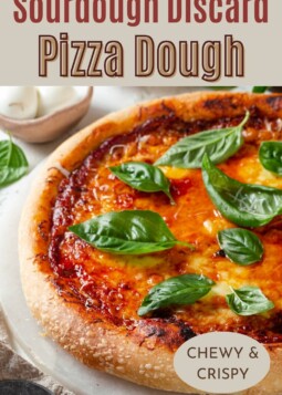 Thick sourdough pizza crust made from discard dough, topped with mozzarella and basil, baked perfectly crispy.