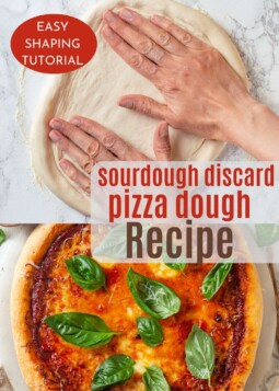 Freshly baked sourdough pizza with bubbly discard dough, crispy crust, and colorful toppings for pizza night.