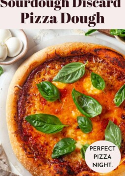 Golden sourdough discard pizza crust baked at home with crispy edges and chewy center for family dinner.