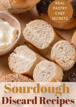 sourdough discard recipes including bagels made with sourdough starter sliced open.