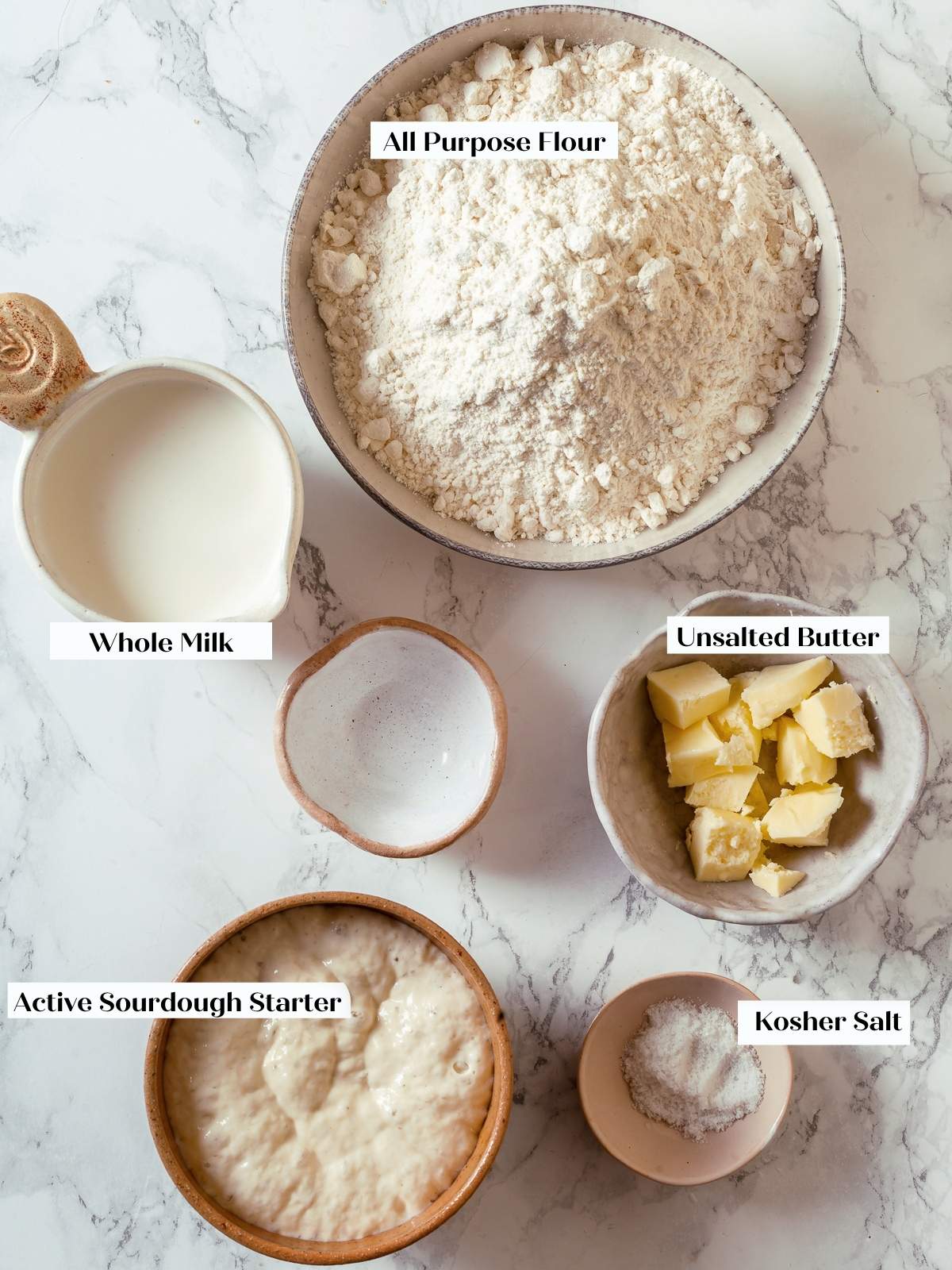 Bread ingredients measured and displayed on countertop before mixing sourdough sandwich dough.