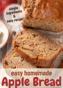 Moist and fluffy slices of apple bread with text stating simple ingredients and easy recipe.
