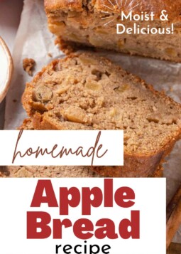 Moist and fluffy slices of apple bread with text stating moist and delicious.