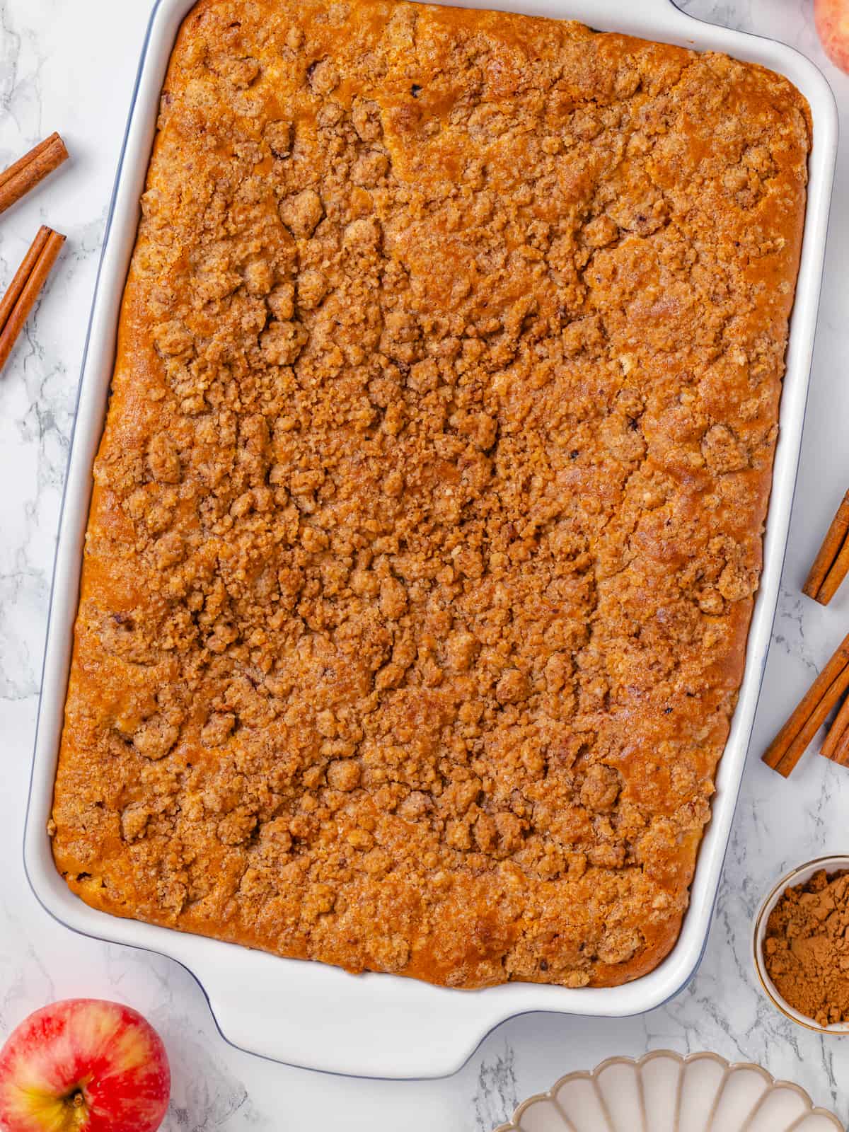 Apple coffee cake baked until golden brown with crisp topping and fluffy crumb.
