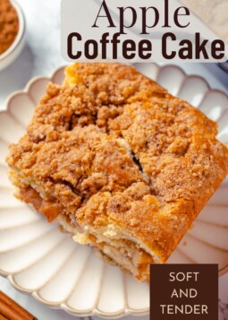 Homemade apple coffee cake filled with juicy apple pieces and topped with a buttery cinnamon crumble.