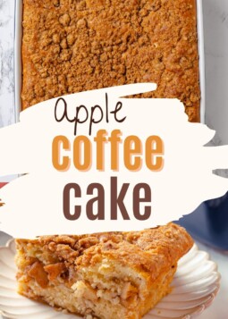 Soft apple coffee cake with spiced apples layered inside and golden brown cinnamon crumb topping.
