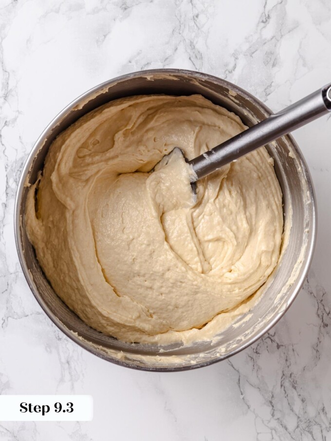Mixing bowl filled with apple coffee cake batter prepared and ready for pan.