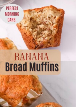 Banana bread muffin broken open to show moist, tender crumb and sweet banana flavor inside.