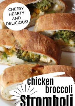 Sliced chicken broccoli stromboli with golden crust, filled with chicken, cheese, and broccoli with text stating cheesy, hearty, and delicious.