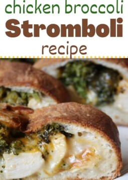 Sliced chicken broccoli stromboli with golden crust, filled with chicken, cheese, and broccoli.