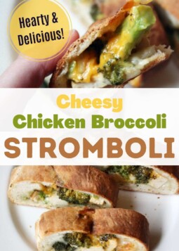 Sliced chicken broccoli stromboli with golden crust, filled with chicken, cheese, and broccoli with text stating hearty and delicious.