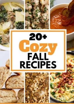 Collage of zuppa toscana, swedish meatballs, tomato soup, buttermillk biscuits, pumpkin spice cereal, and stovetop macaroni and cheese.