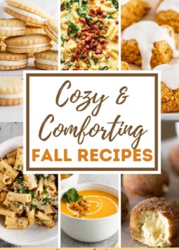Collage of maple cream cookies, stovetop macaroni and cheese, sweet potato biscuits, rigatoni with sausage and fennel, carrot ginger coconut soup, and stuffed chai donuts.