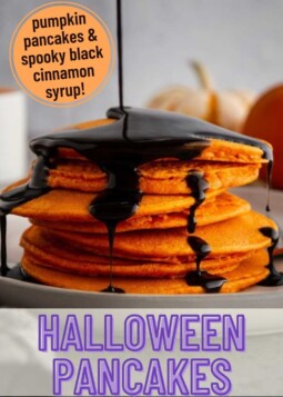 Stack of halloween pancakes and cinnamon syrup drizzle with text stating pumpkin pancakes and spooky black cinnamon syrup.