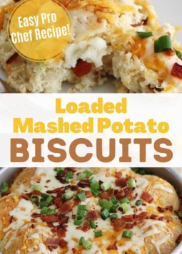 Round pan of biscuits topped with melted cheese, bacon bits, and green onion with text stating easy pro recipe.