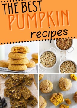 Collage of pumpkin snickerdoodle cookies, pumpkin seeds, cranberry flaxseed crisps, and pumpkin chai donut muffins.