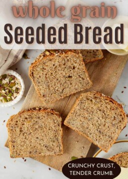 Freshly baked whole grain bread, mixed seeds outside, gentle crumb inside, freezer friendly for weeks.