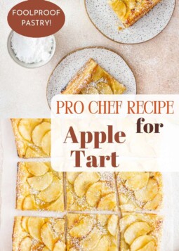 Freshly baked apple tart with thinly sliced apples on golden puff pastry and apricot glaze.