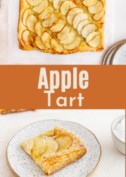Flaky French apple tart resting on parchment paper, showing buttery layers and tender baked apples.