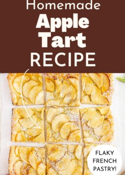 Homemade apple tart cut into squares, each piece showing crisp layers and warm, soft fruit.