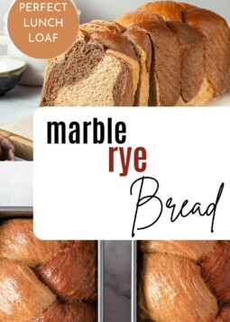 A golden loaf of braided rye bread cut into even slices showing the marbled pattern inside.