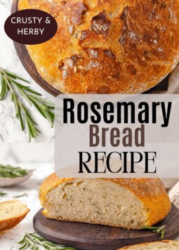 Fresh rosemary bread with a golden crust and chewy center, sliced and ready for dinner.