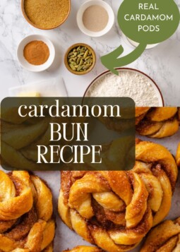 A batch of golden Swedish cardamom buns brushed with syrup for a warm, glossy finish.