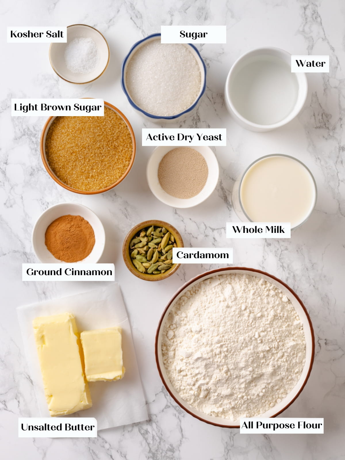Baking ingredients for cardamom buns measured and laid out before mixing the dough.