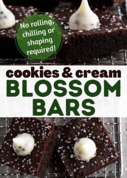 Dark chocolate cookie bars topped with sparkling sugar and a cookies and cream hershey's kiss.