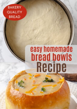 Fluffy risen dough shown with a baked bread bowl ready to serve broccoli cheddar soup.