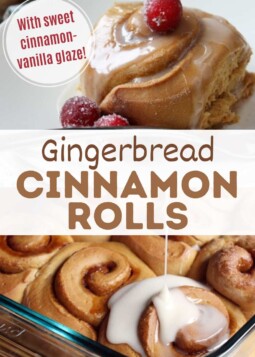 Golden brown gingerbread cinnamon roll swirls topped with silky cinnamon-vanilla glaze and sugared cranberry.