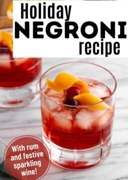 Holiday negroni cocktail in a glass with ice cubes, and garnished with orange peel and cranberries.