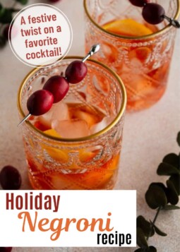 Holiday negroni cocktail in a glass with ice cubes, and garnished with orange peel and cranberries.