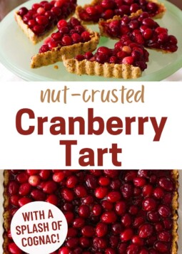 Slices of brightly colored tart with fresh cranberries and walnut crust on a plate.