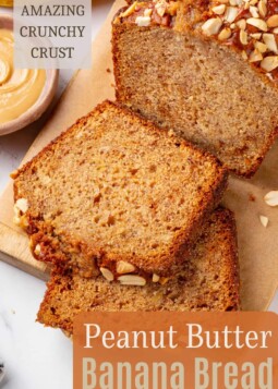 Several slices of peanut butter banana bread arranged neatly for a family friendly snack.
